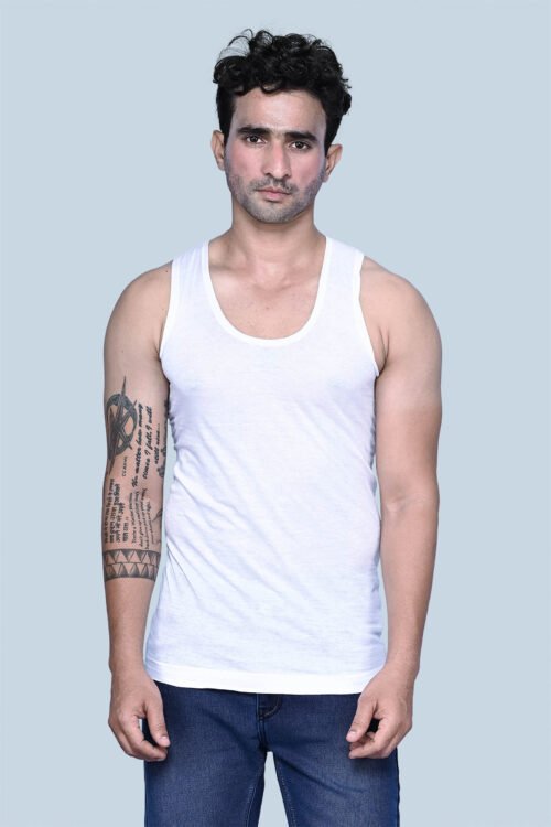 KOTHARI FREEDOM MEN’S BLEACHED U-NECK SLEEVELESS CHAIN STITCH100% COTTON VEST WITH EXTENDED LENGTH