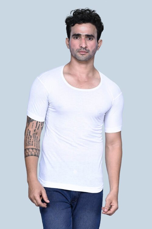 KOTHARI FREEDOM MEN’S BLEACHED ROUND NECK HALF SLEEVE CHAIN STITCH 100% COTTON VEST WITH EXTENDED LENGTH