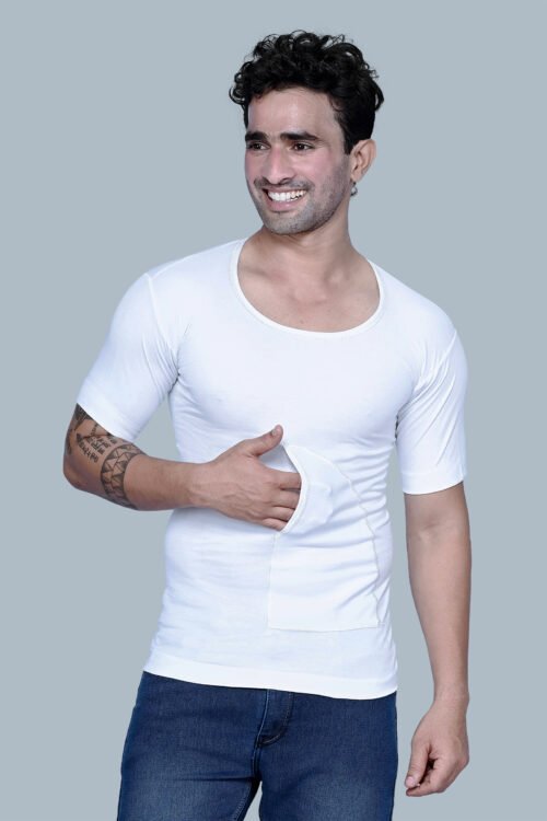 KOTHARI FREEDOM MEN’S COTTON WHITE ROUND NECK HALF SLEEVE INTERLOCK POCKET VEST – PACK OF 5