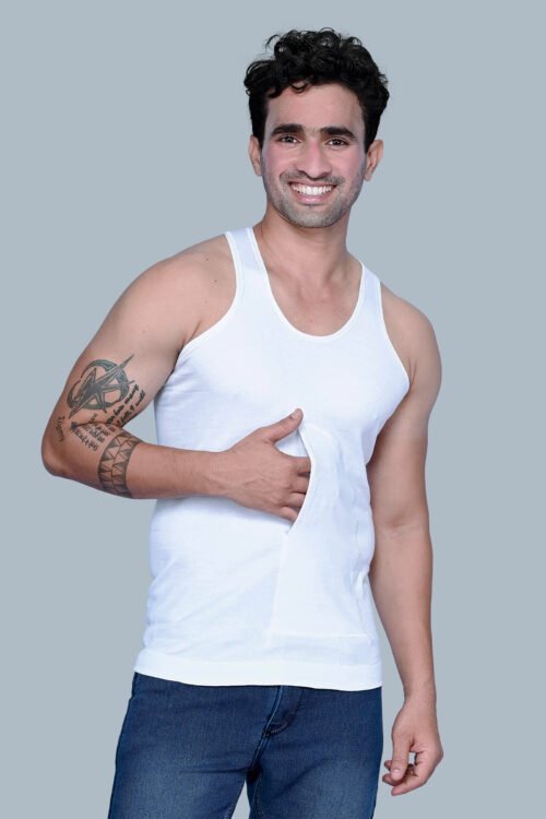 KOTHARI FREEDOM MEN’S COTTON WHITE U-NECK SLEEVELESS INTERLOCK POCKET VEST – PACK OF 5