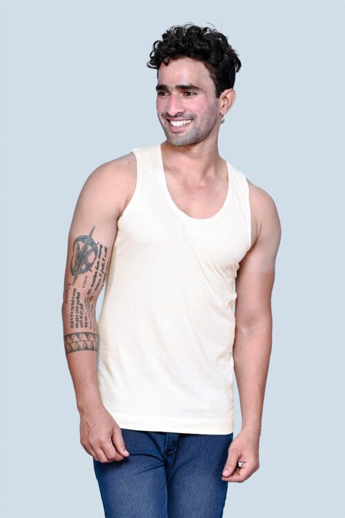 KOTHARI FREEDOM MEN’S GREY U-NECK SLEEVELESS CHAIN STITCH 100% COTTON VEST WITH EXTENDED LENGTH