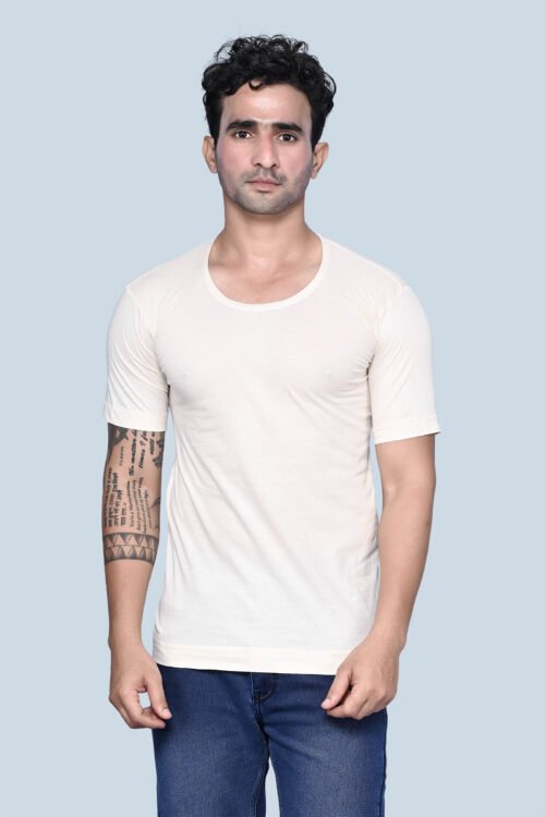 KOTHARI FREEDOM MEN’S GREY ROUND NECK HALF SLEEVE CHAIN STITCH 100% COTTON VEST WITH EXTENDED LENGTH