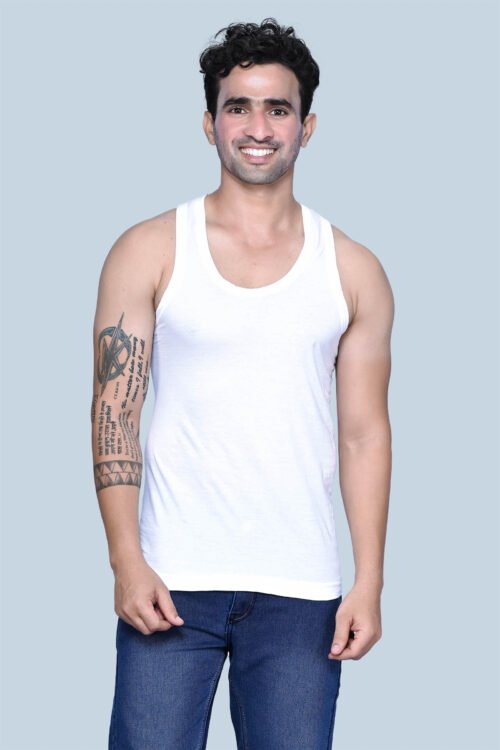 KOTHARI – FREEDOM 100% COTTON COMBED MEN’S SLEEVELESS U-NECK FOLDING STITCH INNERWEAR SOLID WHITE VEST