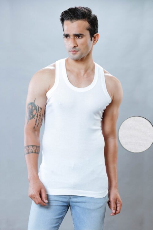 FREEDOM WHITE COLOUR COTTON RICH 1 X 1 RIB SKIN FRIENDLY U-NECK VEST FOR MENS