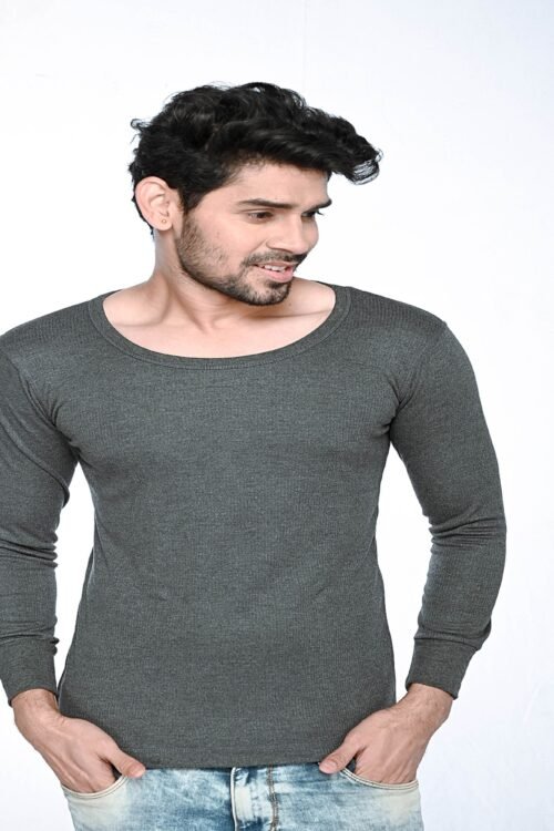 Kothari Uber Mens Thermal Charcoale Colour Striped Round Neck Full Sleeves Anti Bacterial Low Neck Thermal Top