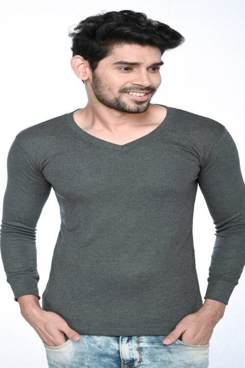 Kothari UBER Men’s Thermal Charcoale Colour Striped V-Neck Full Sleeves Anti Bacterial Low Neck Thermal Top