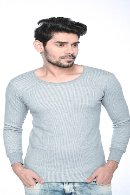 Kothari UBER Men’s Thermal Grey Colour Striped Round Neck Full Sleeves Anti Bacterial Low Neck Thermal Top