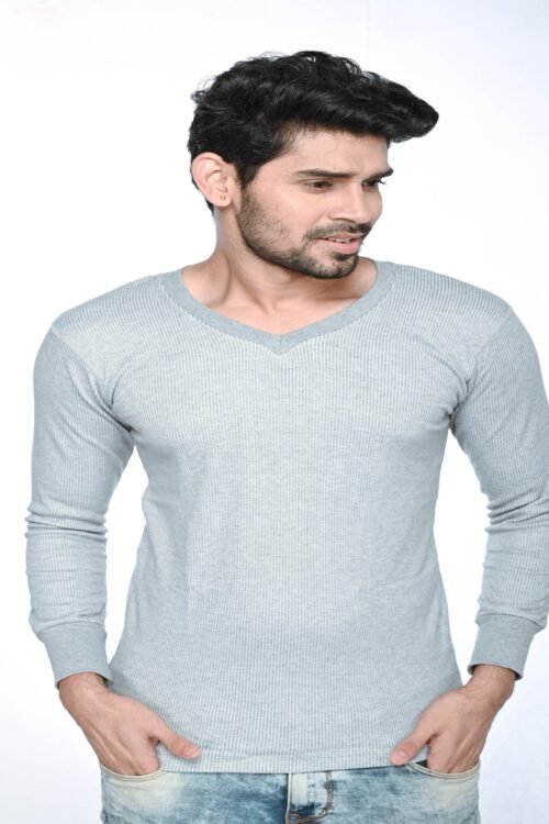 Kothari UBER Men’s Thermal Grey Colour Striped V-Neck Full Sleeves Anti Bacterial Low Neck Thermal Top