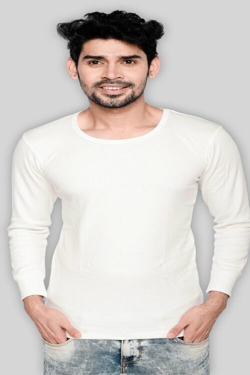 Kothari UBER Men’s Thermal Off White Colour Striped Round Neck Full Sleeves Anti Bacterial Low Neck Thermal Top