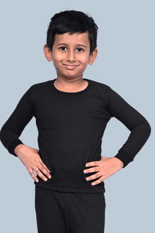 KOTHARI UBER KOOKIES UNISEX KIDS (BOYS & GIRLS) THERMAL BLACK COLOUR STRIPED ROUND NECK FULL SLEEVES ANTI BACTERIAL LOW NECK THERMAL TOP