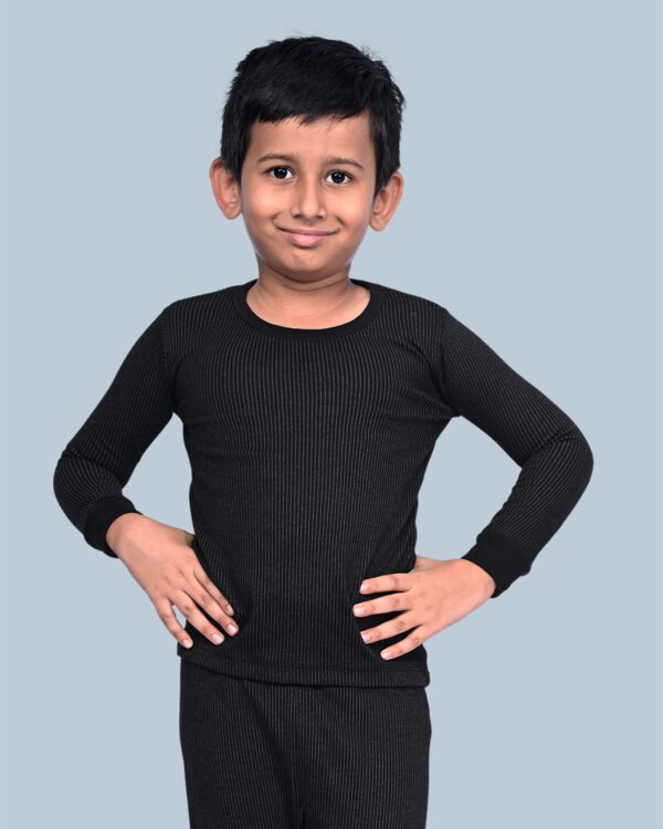 KOTHARI UBER KOOKIES UNISEX KIDS (BOYS & GIRLS) THERMAL BLACK COLOUR STRIPED ROUND NECK FULL SLEEVES ANTI BACTERIAL LOW NECK THERMAL TOP