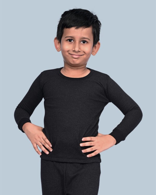 KOTHARI UBER KOOKIES UNISEX KIDS (BOYS & GIRLS) THERMAL BLACK COLOUR STRIPED ROUND NECK FULL SLEEVES ANTI BACTERIAL LOW NECK THERMAL TOP - Image 6