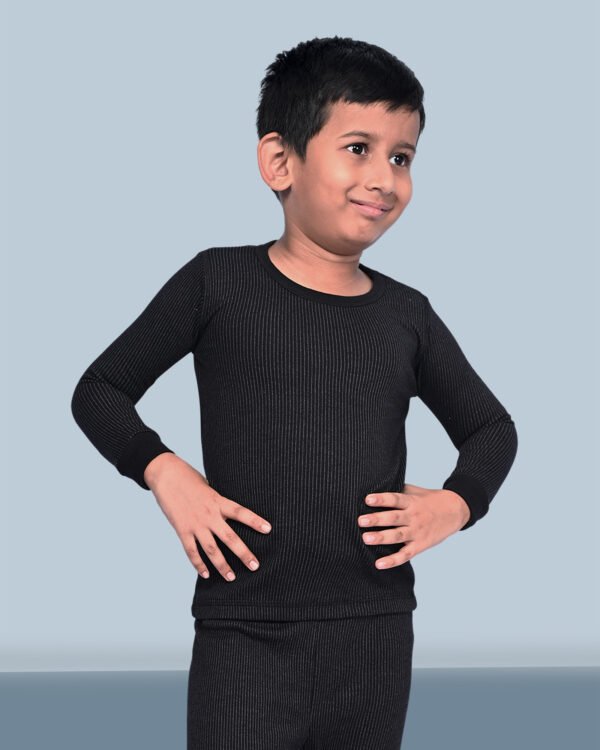 KOTHARI UBER KOOKIES UNISEX KIDS (BOYS & GIRLS) THERMAL BLACK COLOUR STRIPED ROUND NECK FULL SLEEVES ANTI BACTERIAL LOW NECK THERMAL TOP - Image 5