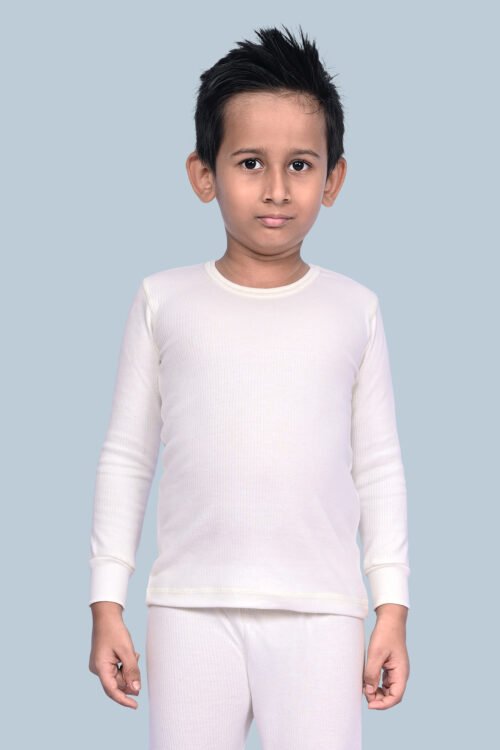 KOTHARI UBER KOOKIES UNISEX KIDS (BOYS & GIRLS) THERMAL OFF WHITE COLOUR STRIPED ROUND NECK FULL SLEEVES ANTI BACTERIAL LOW NECK THERMAL TOP