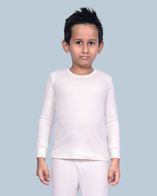 KOTHARI UBER KOOKIES UNISEX KIDS (BOYS & GIRLS) THERMAL OFF WHITE COLOUR STRIPED ROUND NECK FULL SLEEVES ANTI BACTERIAL LOW NECK THERMAL TOP