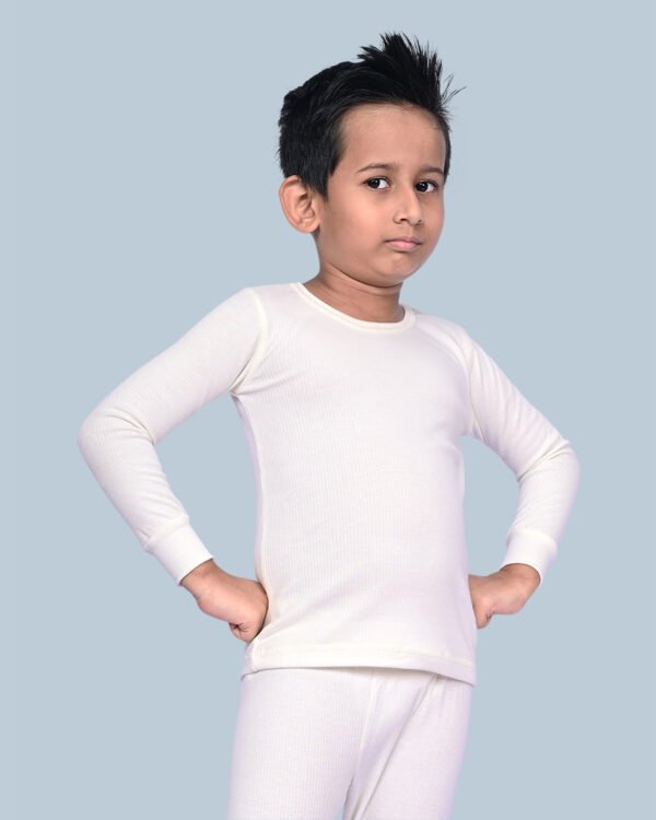 KOTHARI UBER KOOKIES UNISEX KIDS (BOYS & GIRLS) THERMAL OFF WHITE COLOUR STRIPED ROUND NECK FULL SLEEVES ANTI BACTERIAL LOW NECK THERMAL TOP - Image 5