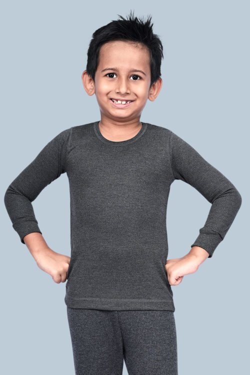 KOTHARI UBER KOOKIES UNISEX KIDS (BOYS & GIRLS) THERMAL CHARCOAL COLOUR STRIPED ROUND NECK FULL SLEEVES ANTI BACTERIAL LOW NECK THERMAL TOP