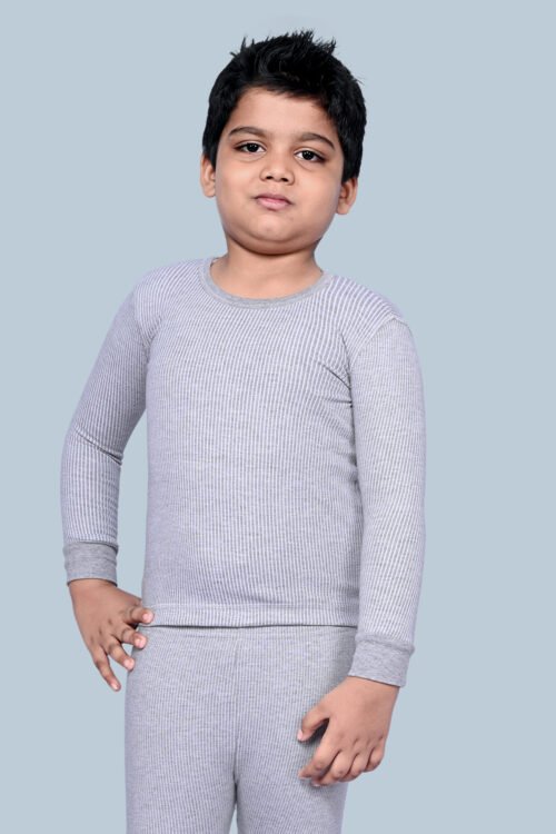 KOTHARI UBER KOOKIES UNISEX KIDS (BOYS & GIRLS) THERMAL GREY MELANGE COLOUR STRIPED ROUND NECK FULL SLEEVES ANTI BACTERIAL LOW NECK THERMAL TOP