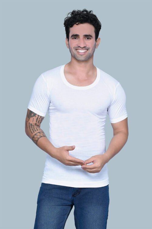 Freedom Premium 100% Cotton Men’s Half Sleeve Vest – Solid White Round-Neck with Folding Stitch