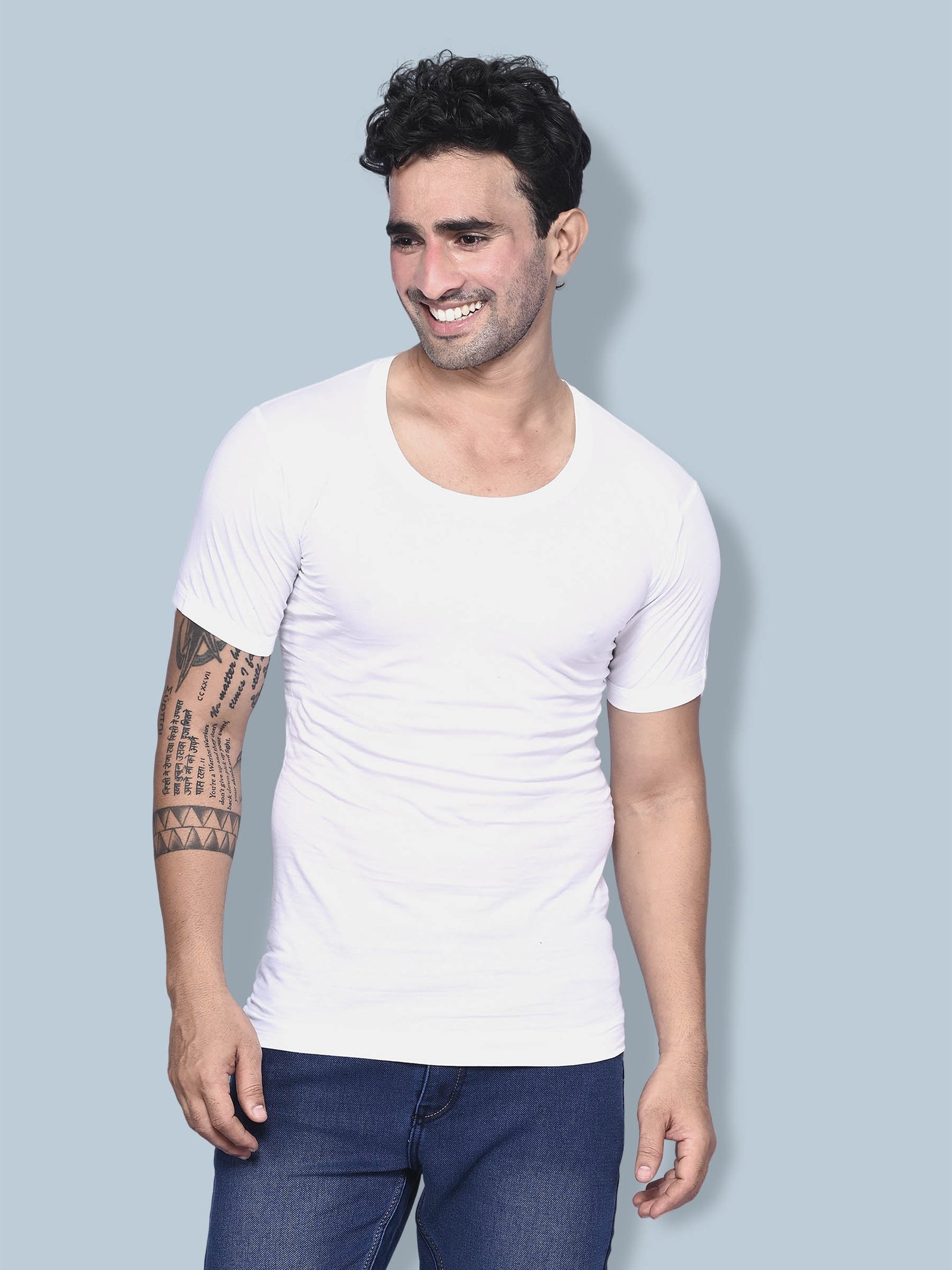 Freedom White Cotton Rich 1x1 Rib Round Neck Half Sleeve Vest for Men – Skin-Friendly Comfort